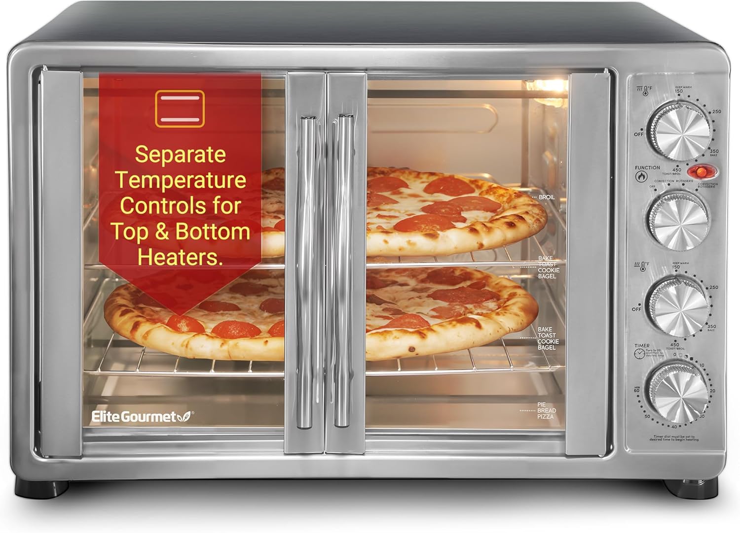 Elite Gourmet ETO4510B# French Door 47.5Qt, 18-Slice Convection Oven 4-Control Knobs, Bake Broil Toast Rotisserie Keep Warm, Includes 2 x 12' Pizza Racks, Stainless Steel