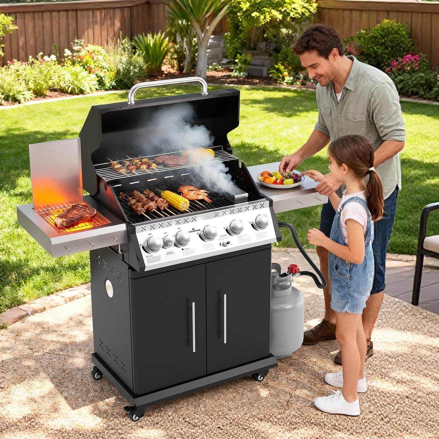 SKOK 5 Burner BBQ Grill with Infrared Side and Rear Burners, Gas Grill with Cast Iron Grates, Outdoor Barbecue Grill 72,000 BTU Output