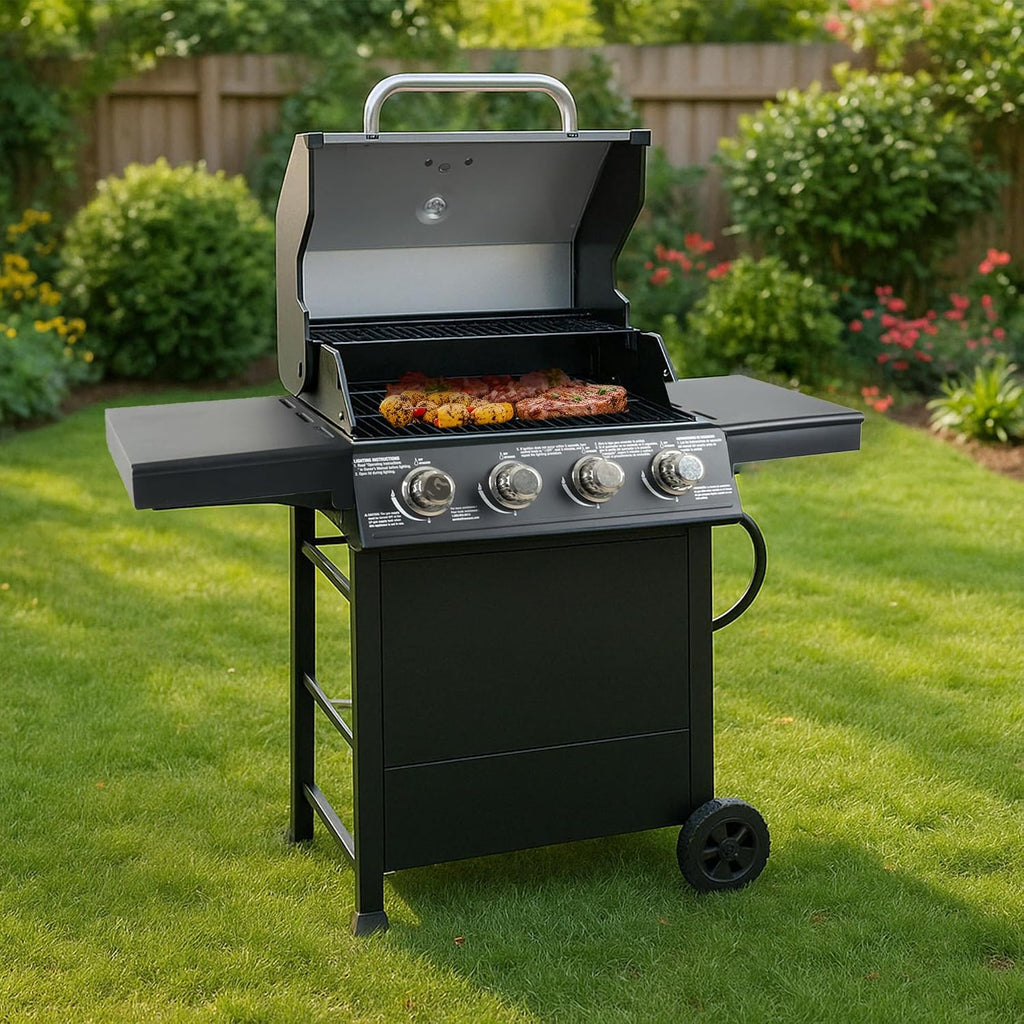 Grill Boss 4-Burner Outdoor Propane Gas Grill with Side Shelves, Stainless Steel Lid, Push Ignition, Warming Rack, Wheels, Black