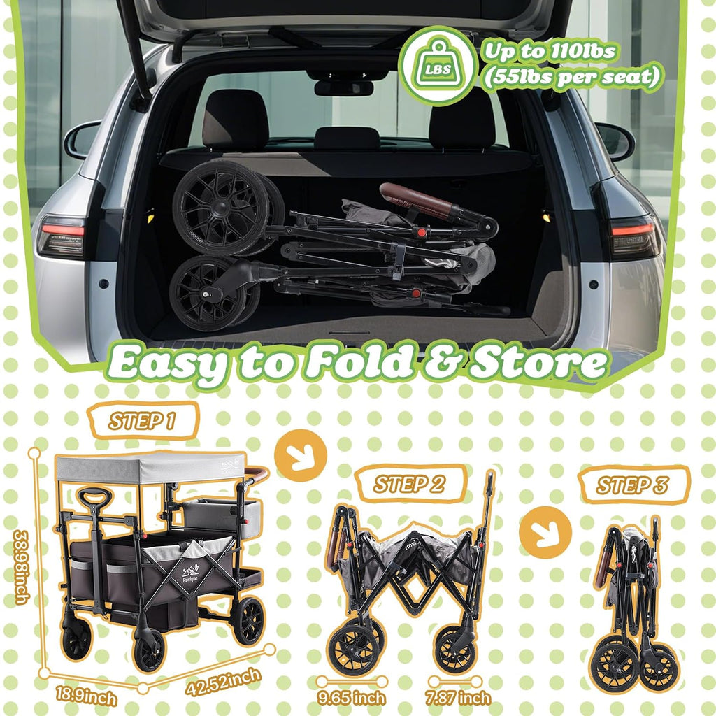 Wagon Stroller for 2 Kids, Premium Stroller Wagon for Kids with Removable Canopy, Safety Harness, Adjustable Handlebar & Storage Organizer, All-Terrain Foldable Baby Wagon for Outdoors