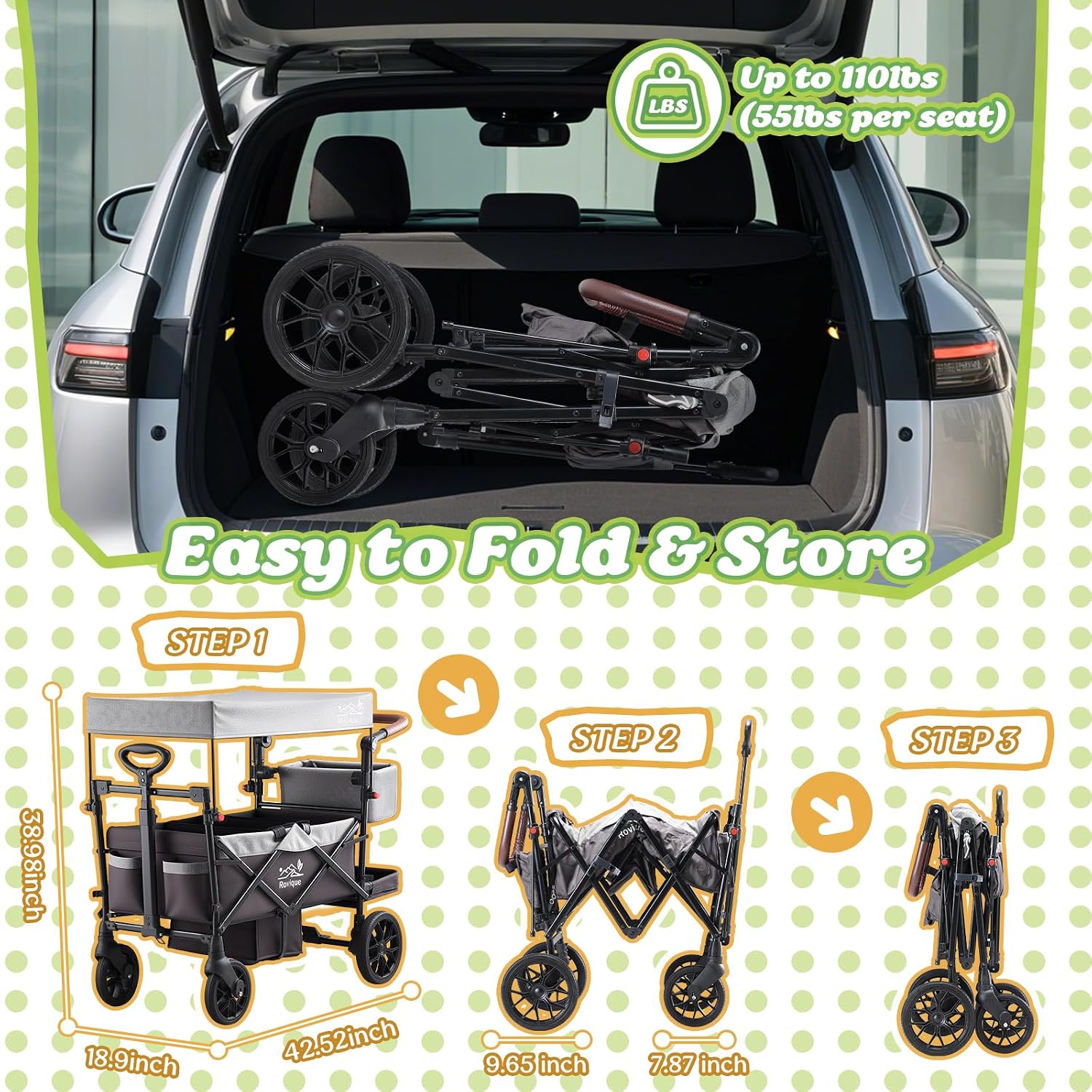 Wagon Stroller for 2 Kids, Premium Stroller Wagon for Kids with Removable Canopy, Safety Harness, Adjustable Handlebar & Storage Organizer, All-Terrain Foldable Baby Wagon for Outdoors