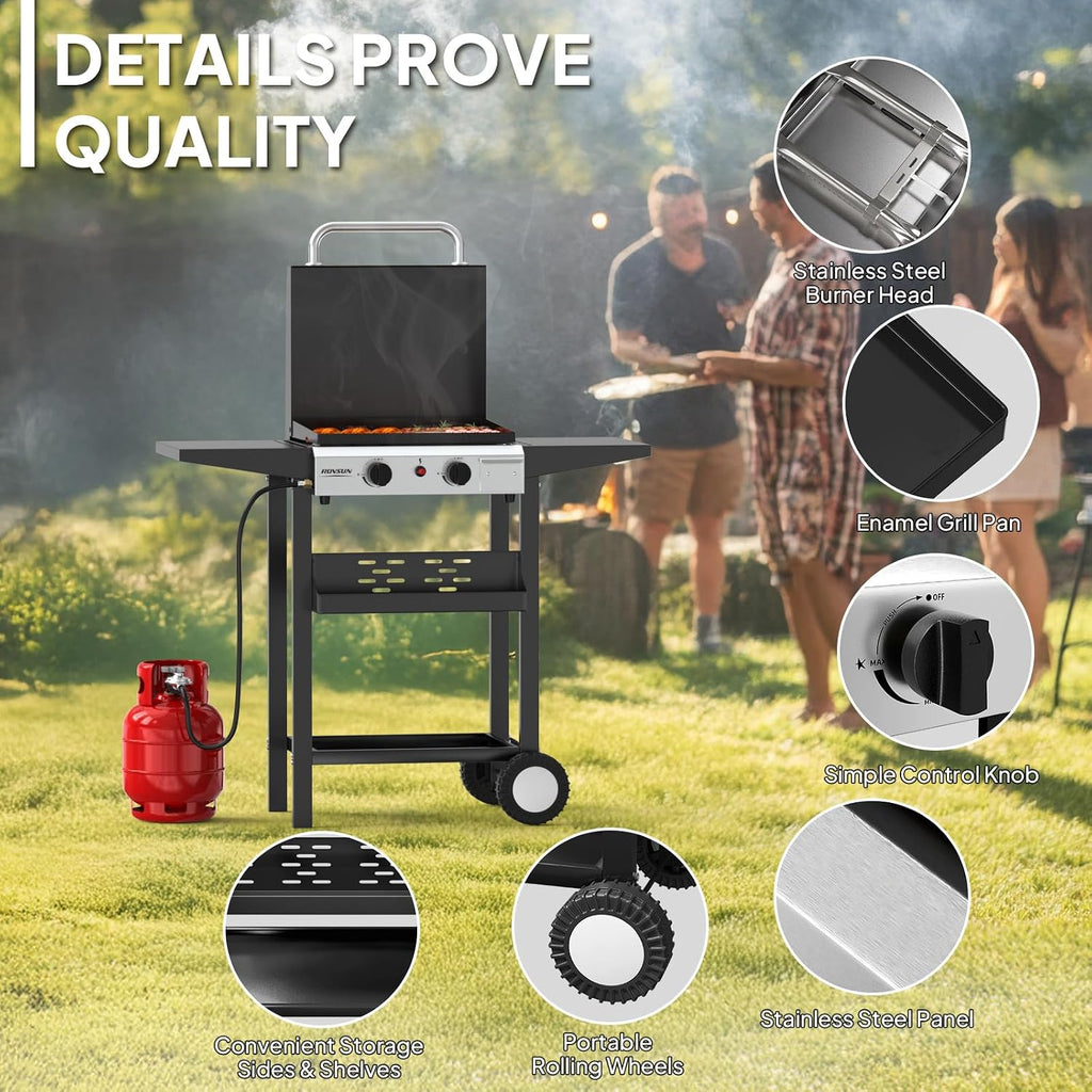ROVSUN 2 Burner Portable Propane Griddle with Enameled Tray & Lid, 20000 BTU Rolling Flat Top Gas Grill with Electronic Ignition, Side Shelves & Regulator for Outdoor Cooking Camping BBQ Tailgating