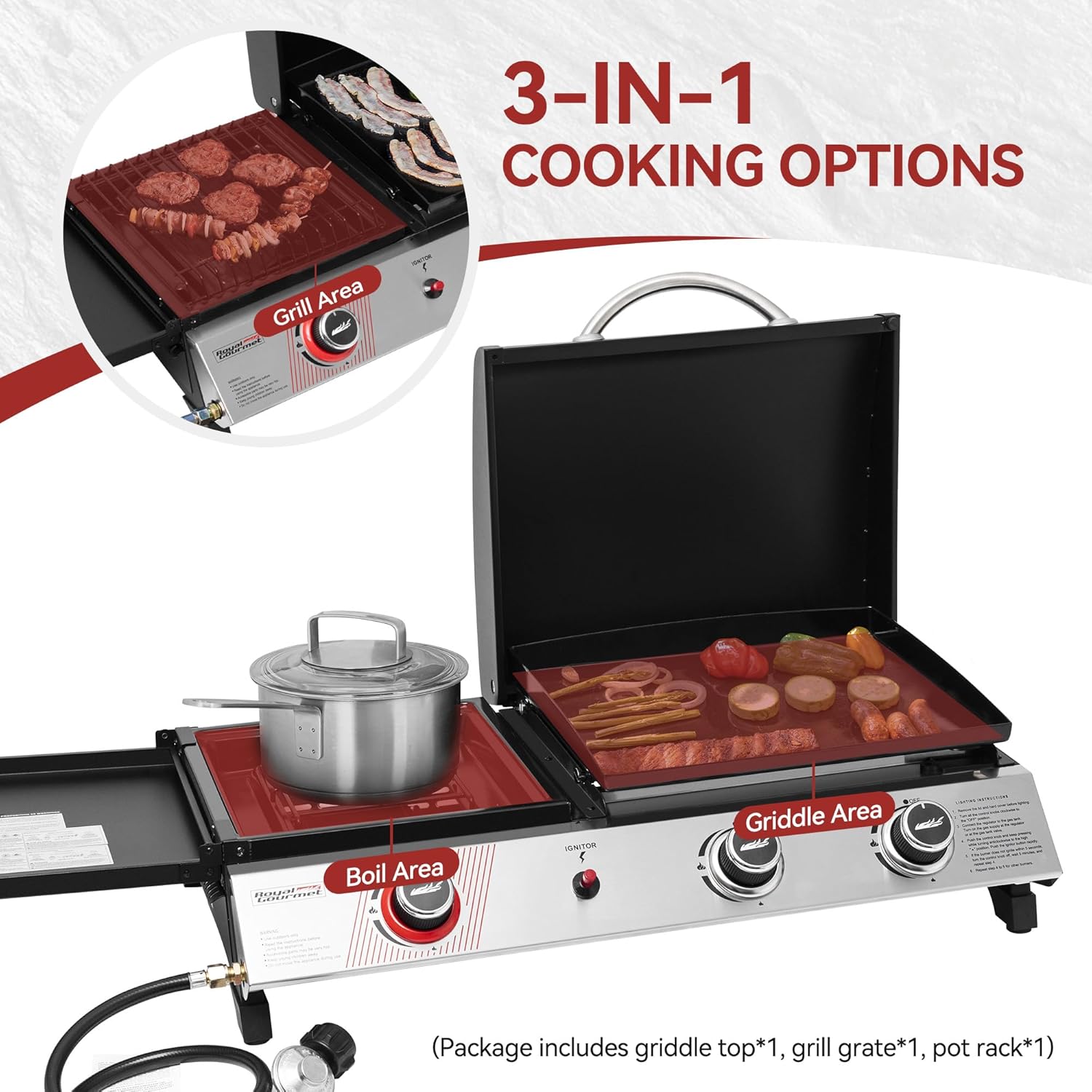 Royal Gourmet PD1305H 3 Burner Propane Gas Grill and Griddle Combo with Lid, 3-in-1 Grill Griddle Combo with 29,000 BTUs Output for Outdoor Cooking, 364 Sq. In. Cooking Area, Silver & Black