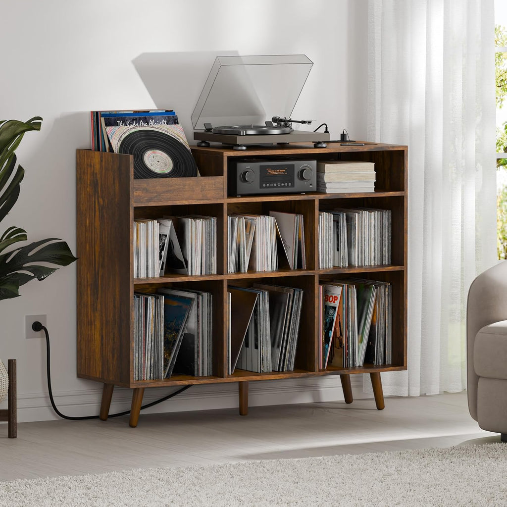 Cozy Castle Large Record Player Stand with Vinyl Storage Cabinet, Wood Turntable Table Open Shelf Holder Up to 500 Albums Cube Storage Organizer for Living Room, Office, Rustic Brown
