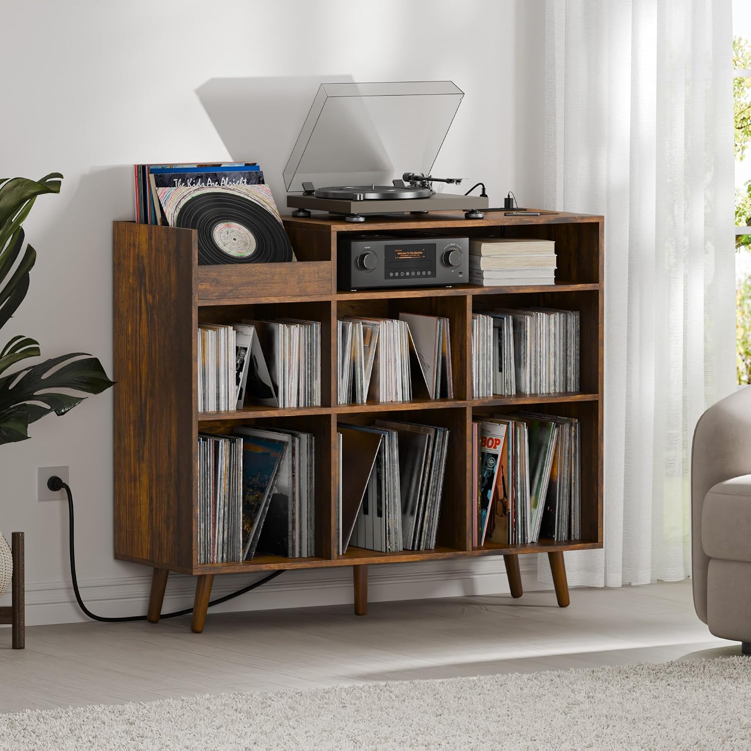 Cozy Castle Large Record Player Stand with Vinyl Storage Cabinet, Wood Turntable Table Open Shelf Holder Up to 500 Albums Cube Storage Organizer for Living Room, Office, Rustic Brown