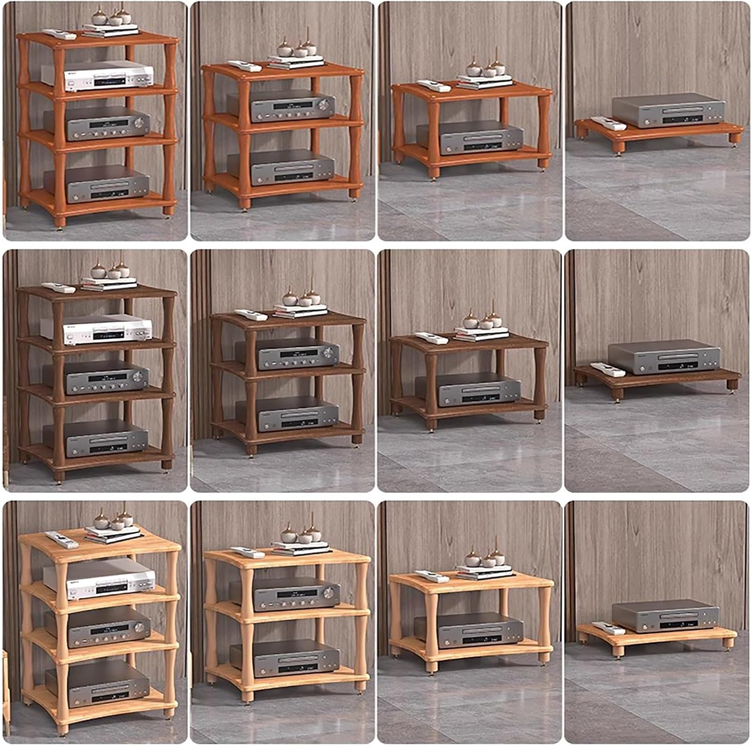 Audio Rack/Record Player Stand with Shock Absorbing Feet, Wooden Stereo Cabinet Media Stand Corner Shelf, TV Box/WiFi Router/Audio Equipment Organizer
