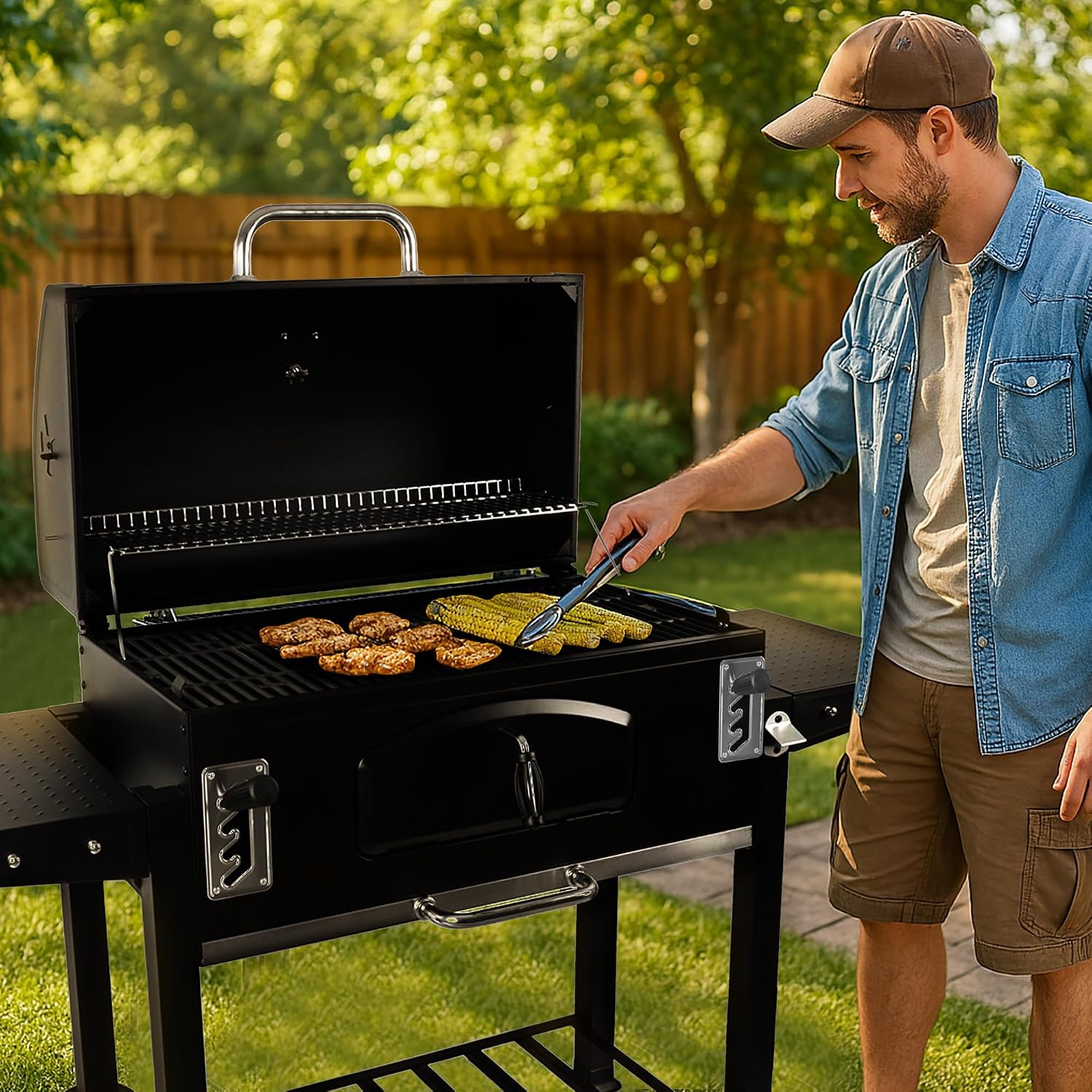 Grill Boss Charcoal Grill with Large 32-Inch Cooking Area - Includes Warming Rack, Side Shelves, Bottom Storage and Wheels for Outdoor BBQ, Tailgating, Camping & Backyard Grilling