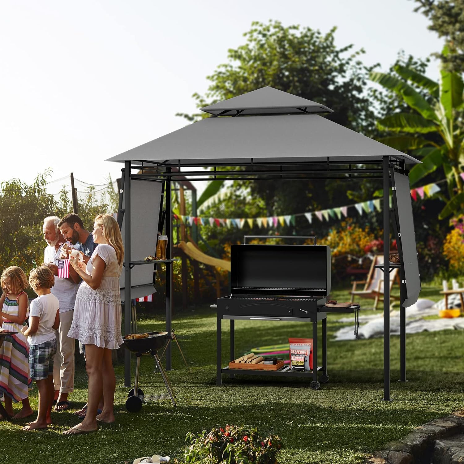Tangkula 13.5x4 Ft Grill Shelter With Dual Side Awnings, Double Tiered BBQ With Shelves, Heavy-Duty Steel Frame, CPAI-84 Fire-Resistant Patio & Garden Gazebo