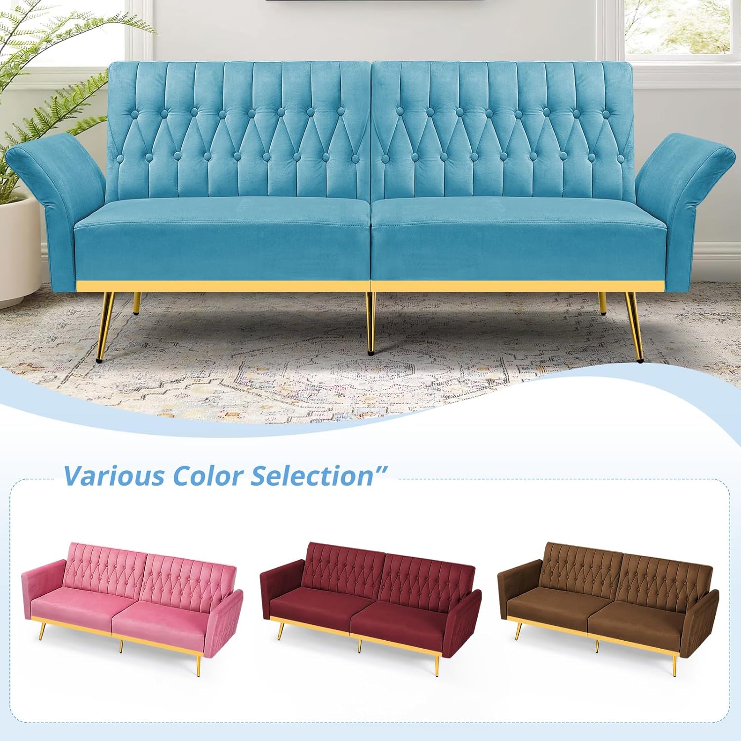 70' Velvet Futon Sofa Bed with 2 Pillows and Adjustable Armrests, Convertible Sleeper Bed W/Adjustable Backrests, Modern Loveseat for Living Room, Bedroom, Baby Blue
