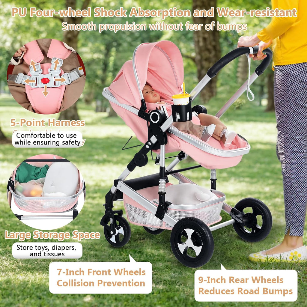 TODEFULL Convertible Baby Stroller, 3 in 1 Folding Infant Stroller, High Landscape Pushchair w/Adjustable Backrest & Canopy, Newborn Pram with Foot Cover, Storage Basket, Pink