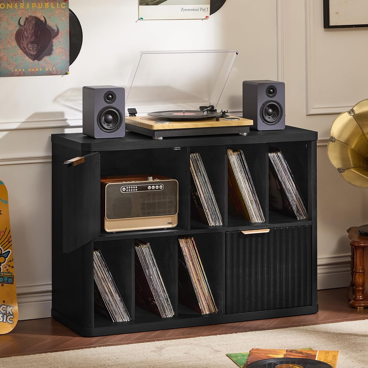 LEYAOYAO Large Record Player Stand with Vinyl Storage Up to 450 Albums, Wood Fluted Boho Record Storage Accent Cabinet, Modern Stereo Media Cabinets, Wide Turntable Stand for Living Room, Black Oak
