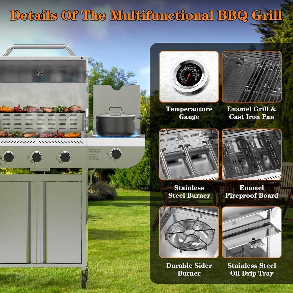 G31Pro Gas Grill,Heavy-Duty Stainless Steel Propane Gas Grill.3 Burner Gas Grill with Side Burner,34000 BTU BBQ Grill for Outdoor Cooking,Barbecue,Garden and Patio Backyard