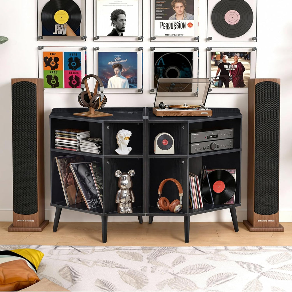 Corner Record Player Stand with Charging Station & USB Ports, 3 Tier Mid Century Modern Vinyl Record Storage Cabinet, Wood Turntable Stand for Music Room, Living Room, Small Space