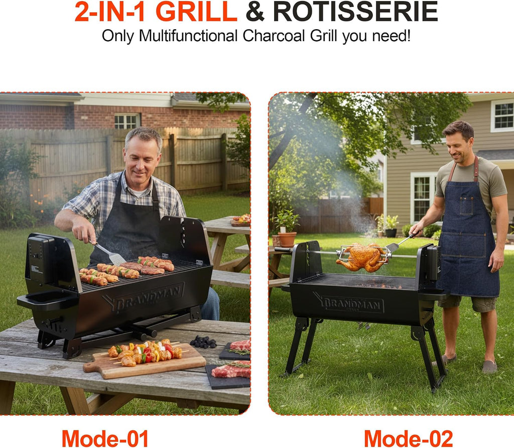 BRANDMAN GRILLS SINCE 1987 Rotisserie Grill Charcoal BBQ Grill 2-in-1 Portable Foldable Outdoor Grill 257 sq.in. Charcoal Spit Rotisserie Grill for Whole Chicken Steaks Burger Camping Picnic Gathering