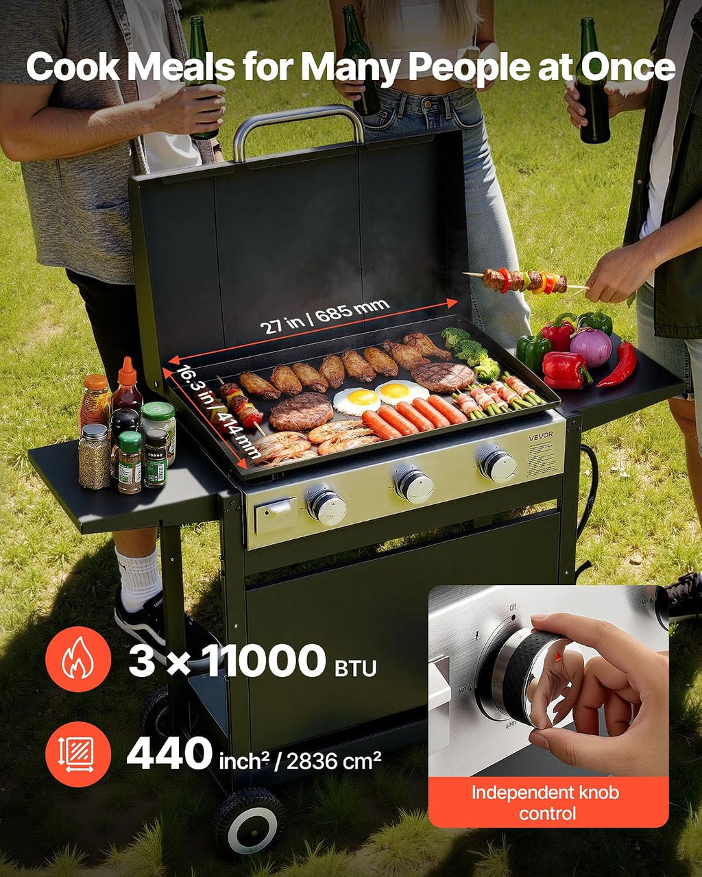 VEVOR Gas Griddle, 3-Burner Flat Top Grill, Propane Griddle with Wheels, Lid, 33000 BTU Outdoor Flat Top Grills for Pan-Frying, Grilling, Stir-Frying, & BBQ, Pulse Ignition, Removable Top Design