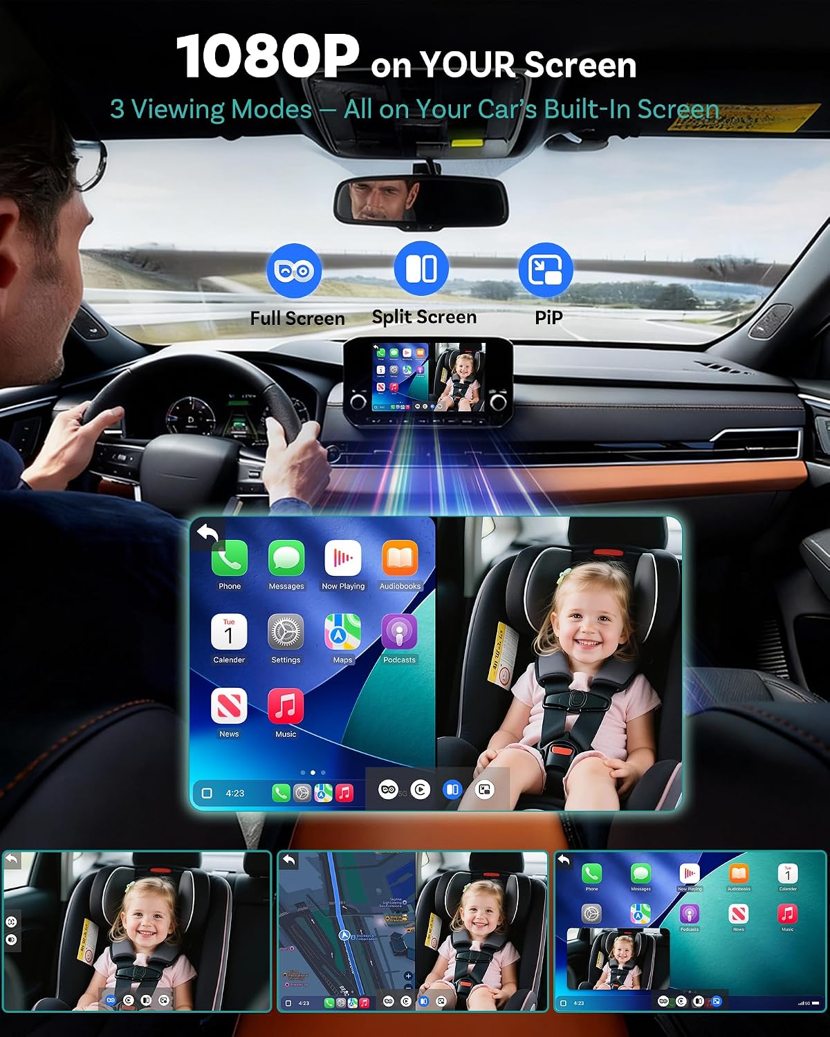 OTTOCAST Baby Car Camera &Wireless CarPlay Adapter,1080P HD Rear Seat Monitor Display on Car Screen,150°Wide Angle No-Glow Night View, Safety for Kids & Infants