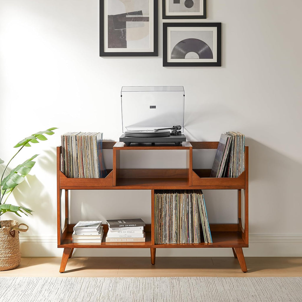 Crosley Furniture Asheville Mid-Century Modern Media Console Record Player Stand, Storage for Vinyl Records, Large, Walnut
