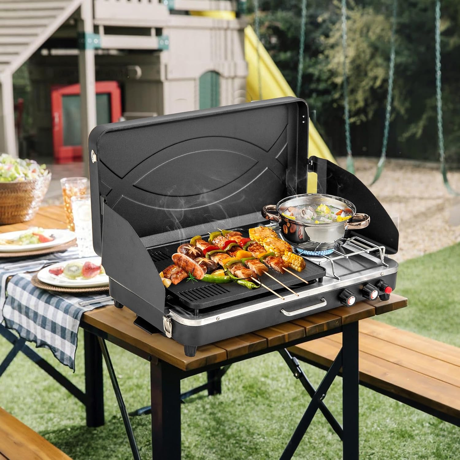 Giantex Portable Propane Grill & Camping Stove, 20,000 BTU Gas Camping Grill Burner, Independent Temperature Control, 3-Sided Wind Guard, Detachable Legs, for BBQ, Tailgating, Outdoor Cooking (Black)