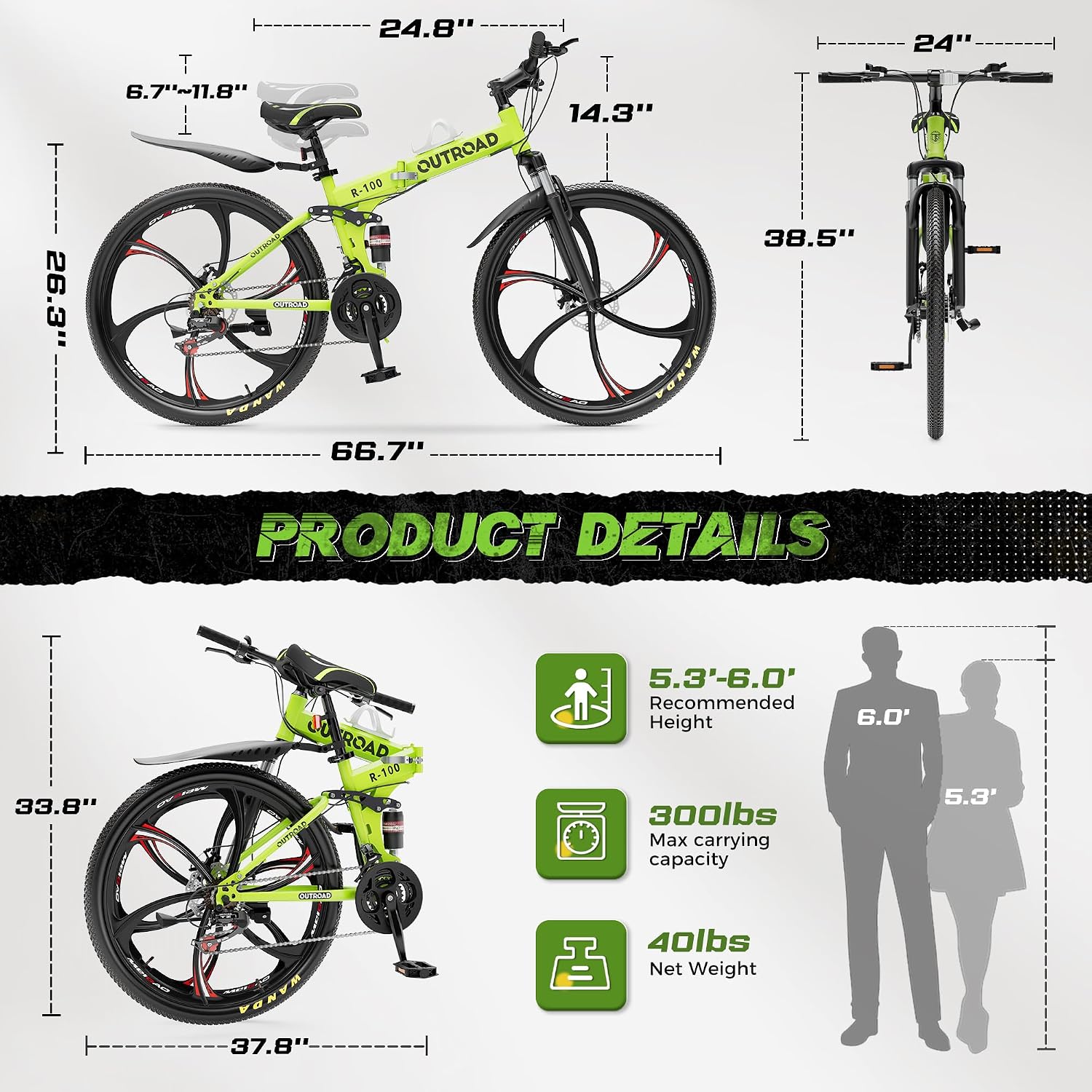 Outroad 26 Inch Folding Mountain Bike, 21 Speed Full Suspension High-Carbon Steel MTB Foldable Bicycle, Dual Disc Brake Non-Slip Folding Bikes for Adults/Men/Women, Black, Orange and Green