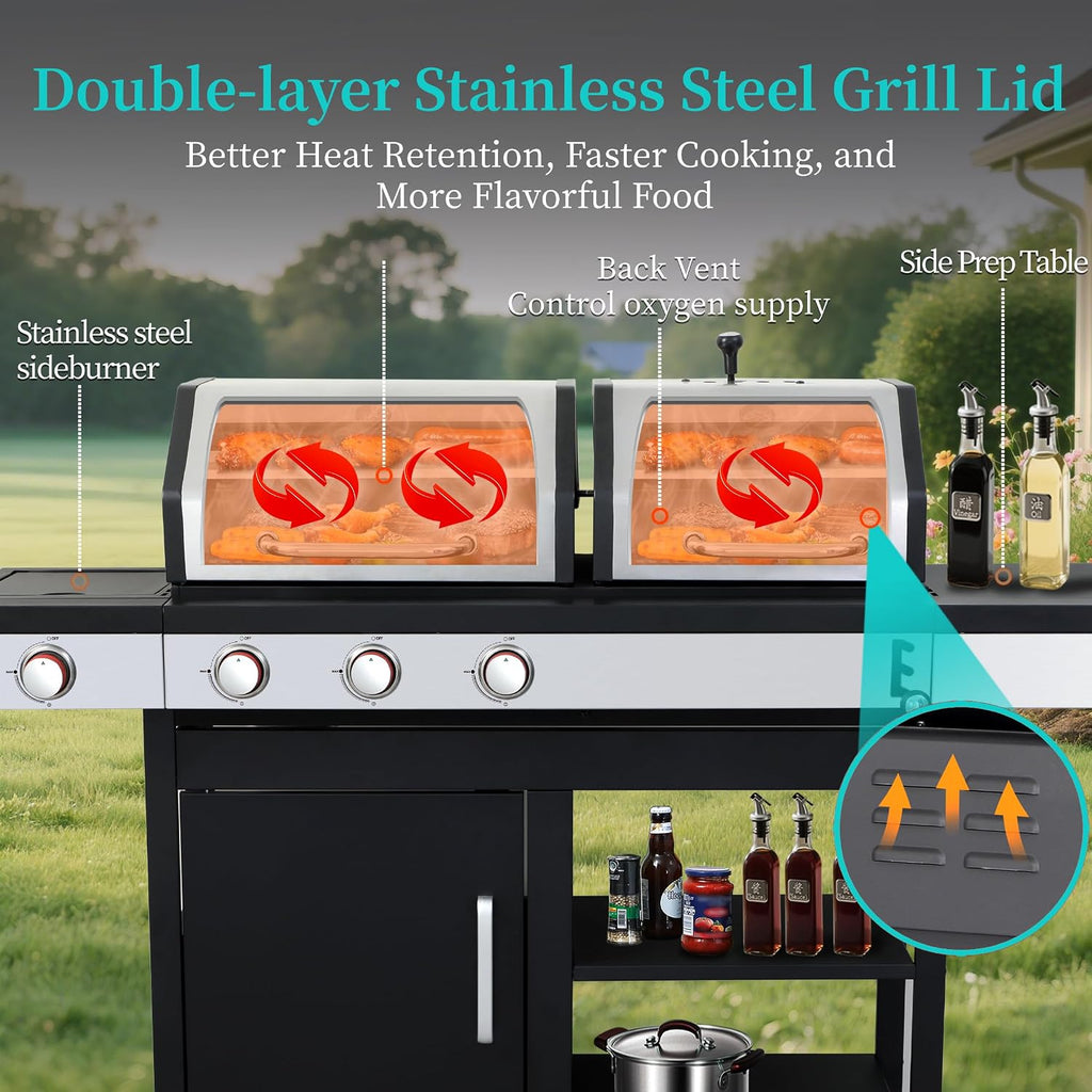 3 Burner Gas & Charcoal Combo Grill with Side Burner, 39,000 BTU Propane BBQ Grill, Cast Iron Grates & Griddle, Warming Rack, Grease Tray, Storage Cabinet, 4 Wheels for Outdoor Patio