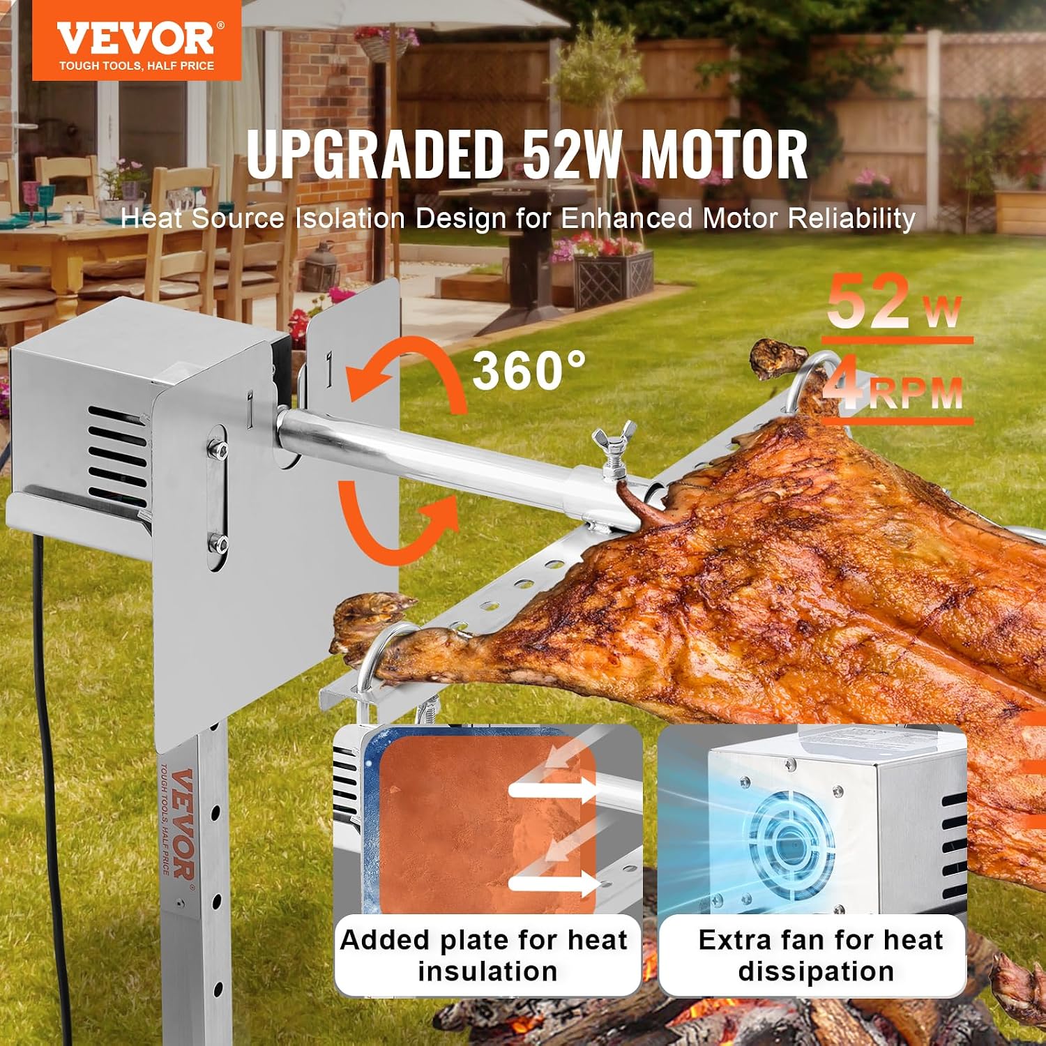 VEVOR Electric BBQ Rotisserie Grill Kit, 56 Inch 130 lbs Capacity, Automatic 52W Motor Height Adjustable Universal Roaster Stand, Stainless Steel Grilling Kit, Spit Rod with Heat Shield for Pig Lamb