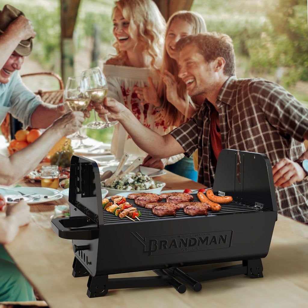 BRANDMAN GRILLS SINCE 1987 Rotisserie Grill Charcoal BBQ Grill 2-in-1 Portable Foldable Outdoor Grill 257 sq.in. Charcoal Spit Rotisserie Grill for Whole Chicken Steaks Burger Camping Picnic Gathering