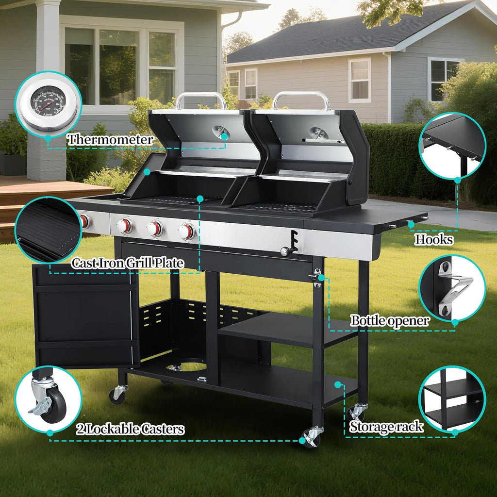 3 Burner Gas & Charcoal Combo Grill with Side Burner, 39,000 BTU Propane BBQ Grill, Cast Iron Grates & Griddle, Warming Rack, Grease Tray, Storage Cabinet, 4 Wheels for Outdoor Patio