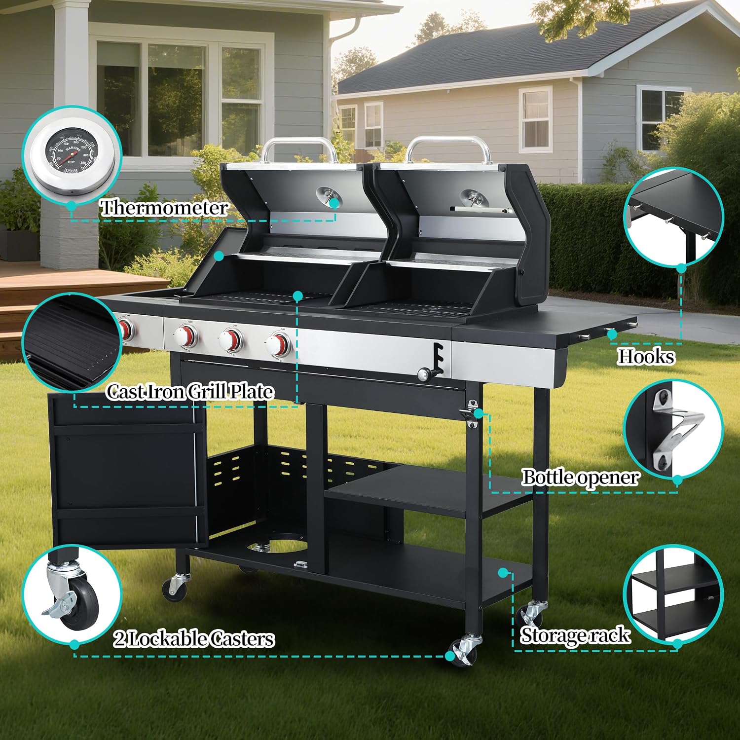 3 Burner Gas & Charcoal Combo Grill with Side Burner, 39,000 BTU Propane BBQ Grill, Cast Iron Grates & Griddle, Warming Rack, Grease Tray, Storage Cabinet, 4 Wheels for Outdoor Patio