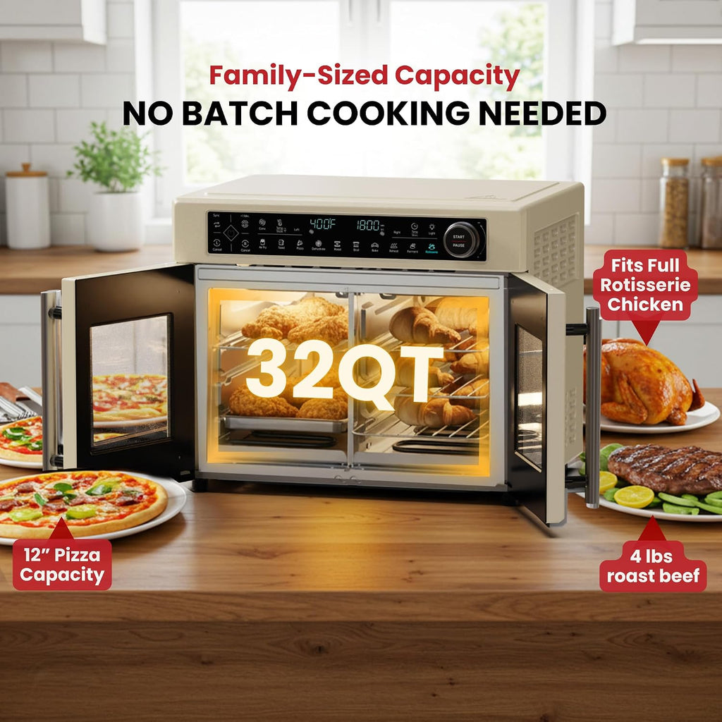 Magic Mill Ultra-Premium Dual-Zone Stainless Steel Air Fryer Toaster Oven Combo, Extra Large 32QT French Door Convection Oven with Next-Gen Patent Technology, 13 Accessories, Rotisserie, Sync Finish