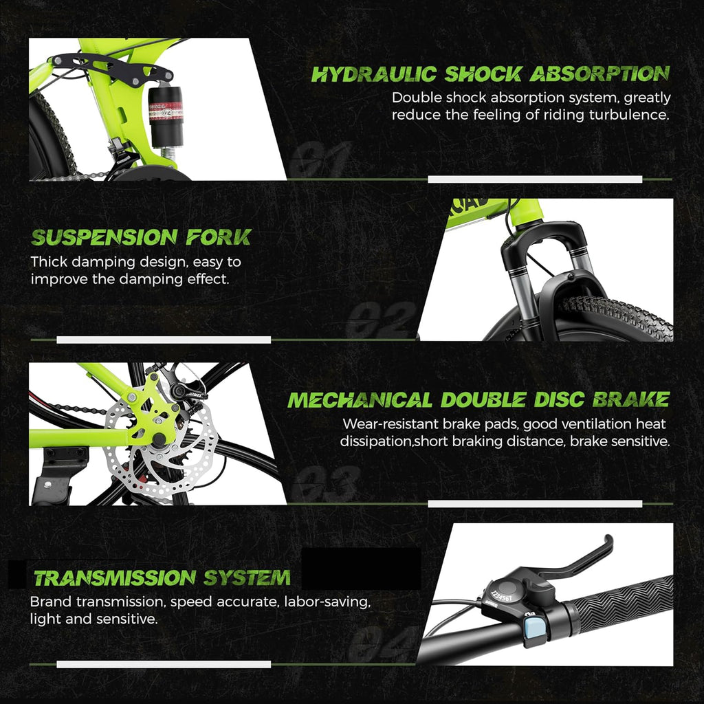 Outroad 26 Inch Folding Mountain Bike, 21 Speed Full Suspension High-Carbon Steel MTB Foldable Bicycle, Dual Disc Brake Non-Slip Folding Bikes for Adults/Men/Women, Black, Orange and Green