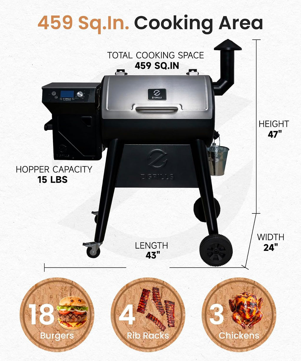 Z GRILLS Pellet Smoker Grill, Versatile 8-in-1 Cooking, Upgrade PID 3.0 Digital Controller, All-terrain Wheels with Locking Casters, 459 SQ.IN Cooking Area, Hopper Cleanout, Meat Probe, Rain Cover