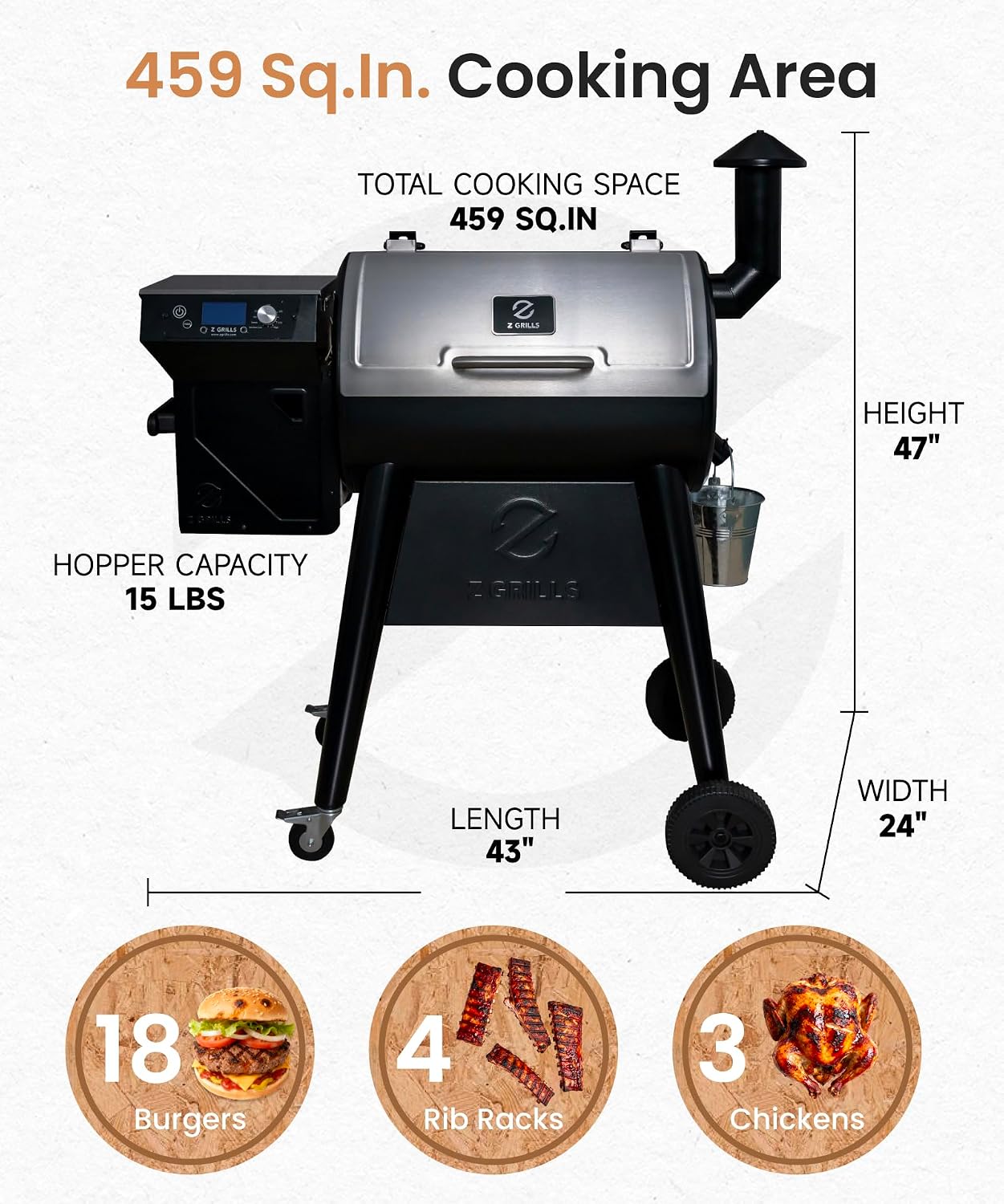 Z GRILLS Pellet Smoker Grill, Versatile 8-in-1 Cooking, Upgrade PID 3.0 Digital Controller, All-terrain Wheels with Locking Casters, 459 SQ.IN Cooking Area, Hopper Cleanout, Meat Probe, Rain Cover