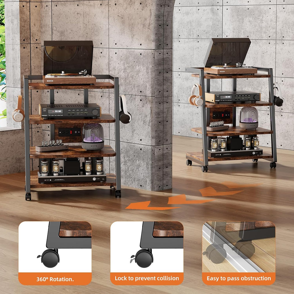 CABTE Mobile AV Media Stand with Outlets and 4 Rolling Caster Wheels, 4-Tier Rolling TV Stand for Gaming Console, Stereo, DVD Player, Sturdy Metal Frame, Versatile Living Room,Bedroom (Retro Brown)
