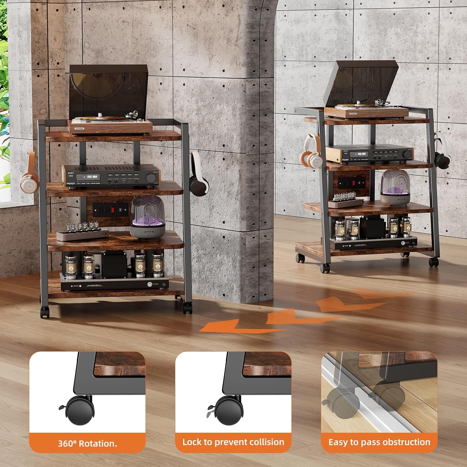 CABTE Mobile AV Media Stand with Outlets and 4 Rolling Caster Wheels, 4-Tier Rolling TV Stand for Gaming Console, Stereo, DVD Player, Sturdy Metal Frame, Versatile Living Room,Bedroom (Retro Brown)