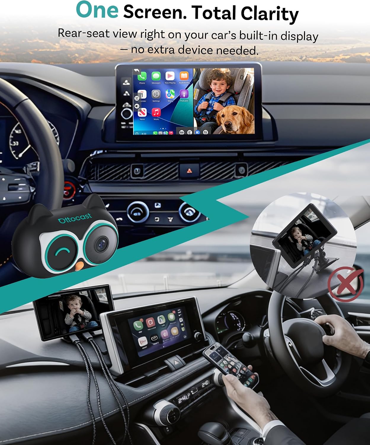 OTTOCAST Baby Car Camera &Wireless CarPlay Adapter,1080P HD Rear Seat Monitor Display on Car Screen,150°Wide Angle No-Glow Night View, Safety for Kids & Infants