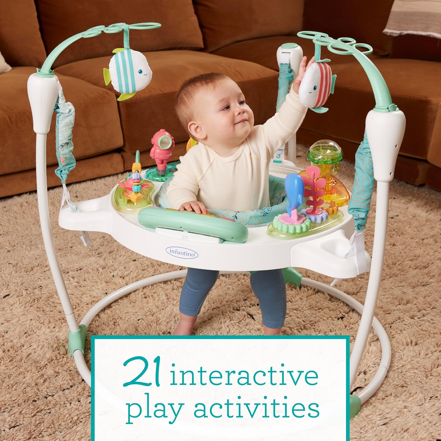 Infantino Magic Motion Activity Jumper, Under the Sea Baby Jumper with 360° Seat, Removable Piano, Lights & Music, Adjustable Height Activity Center, Motor Skills and Sensory Play, Ages 4+ Months