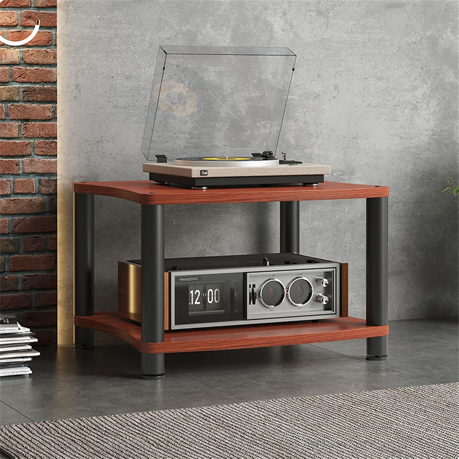 Walnut 2-Tier Stereo Rack AV Media Stand, Audio Tower Cabinet with Shelves for CD Record Player, Receiver, Home Theater Equipment, Durable & Stylish Display Stand