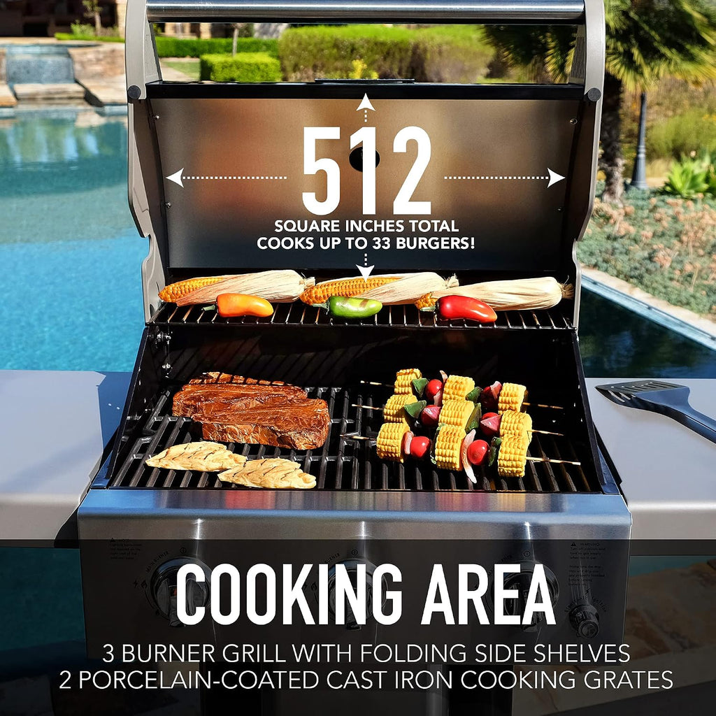 Permasteel 3-Burner Propane Gas Grill, 30,000 BTUs BBQ Grill with Cast Iron Grates, Foldable Side Tables & Tool Hooks, Outdoor Grill, Black