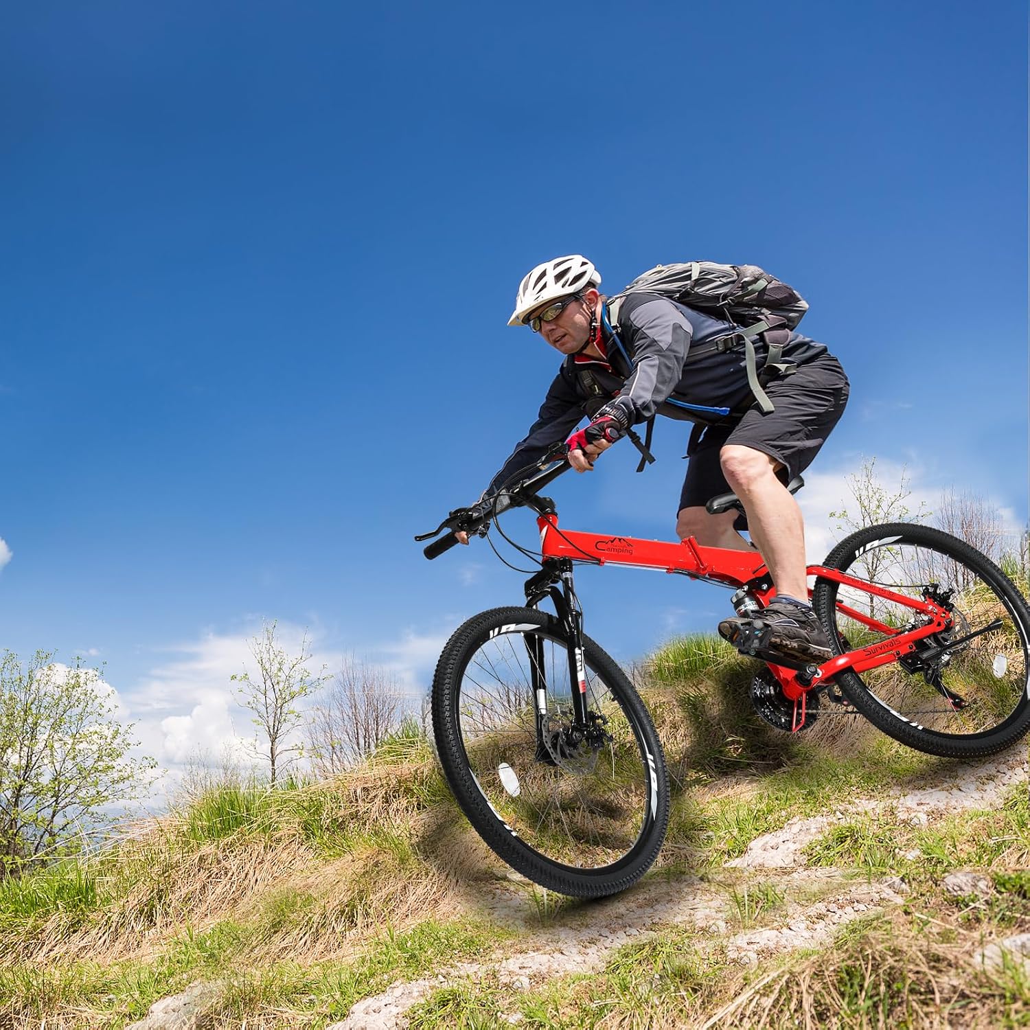CamPingSurvivals 24/26/27.5 Inch Foldable Bikes for Adults 21 Speed Mountain Bike, Adult Bicycle with High Carbon Steel Frame, Full Suspension, Dual Disc Brake & Adjustable Ergonomic Seat(Black/Red)