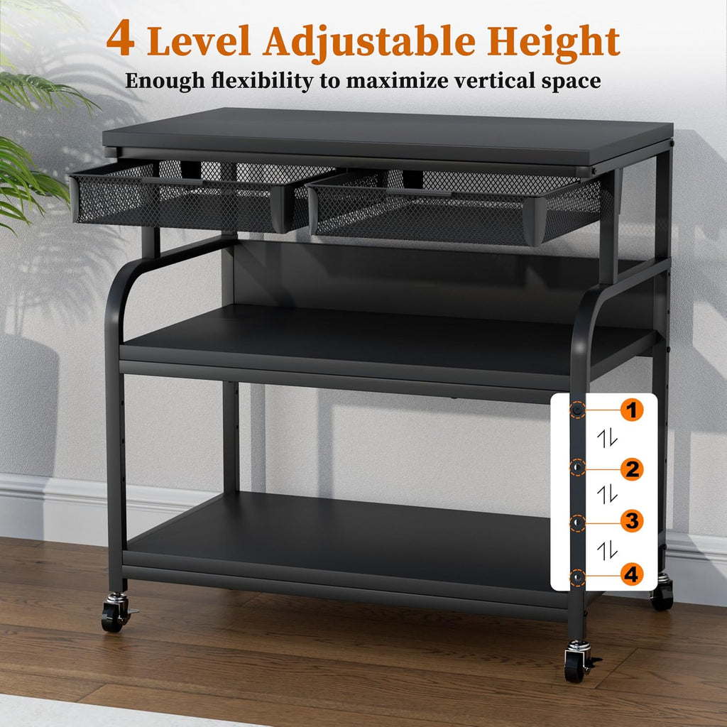 EasyCom 32.3'x18.9' Extra Large Printer Stand with Double Drawers, 5-Adjustable Heights 3 Tier Table with Wheels, Rolling Printer Cart with Storage for Printer Scanner Fax Home Office Use