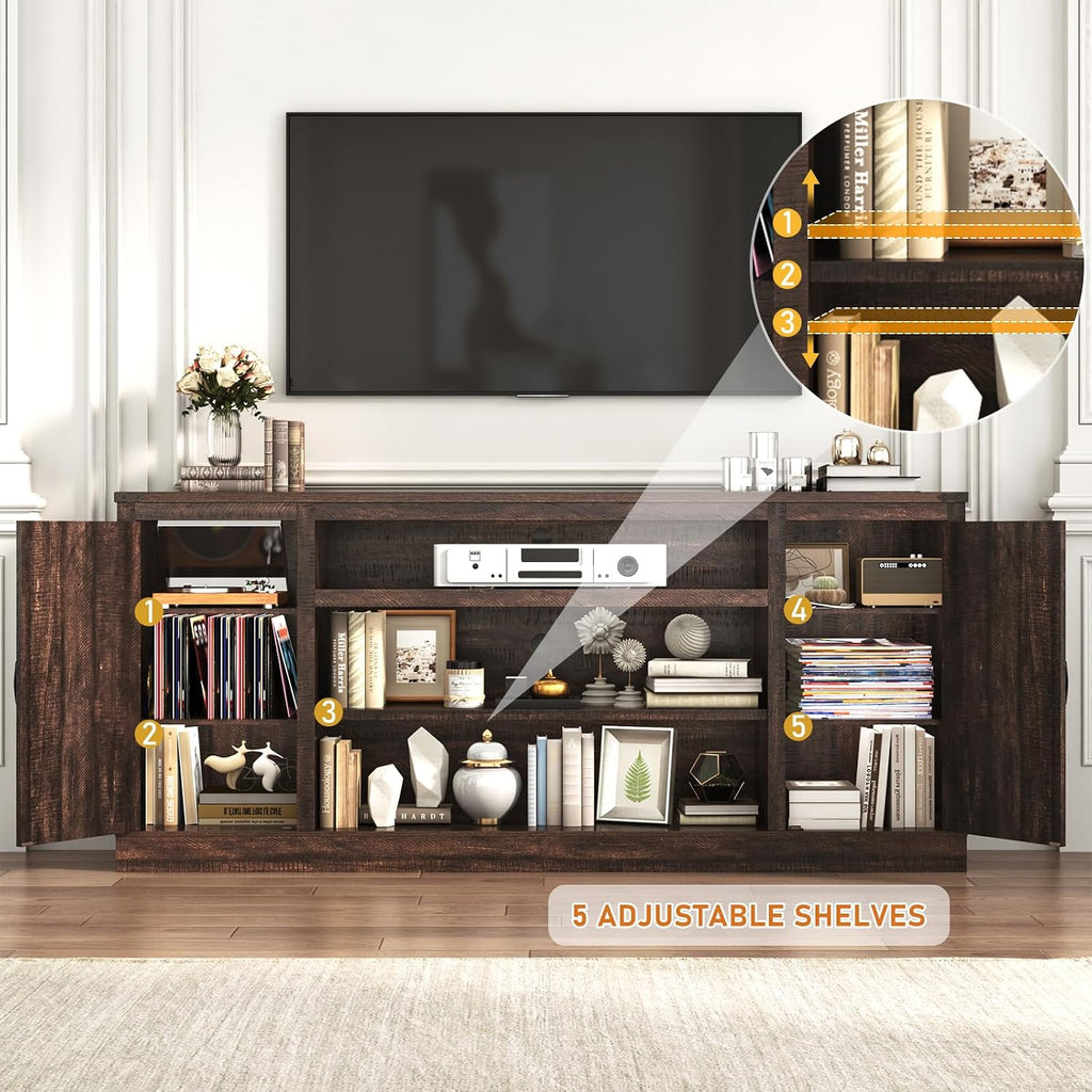 Hlivelood 75' Farmhouse TV Stand with Power Outlets for 85 Inch TVs, 33' Tall Entertainment Center with Storage Cabinets w/Adjustable Shelves, Rustic Large TV Media Console, Brown