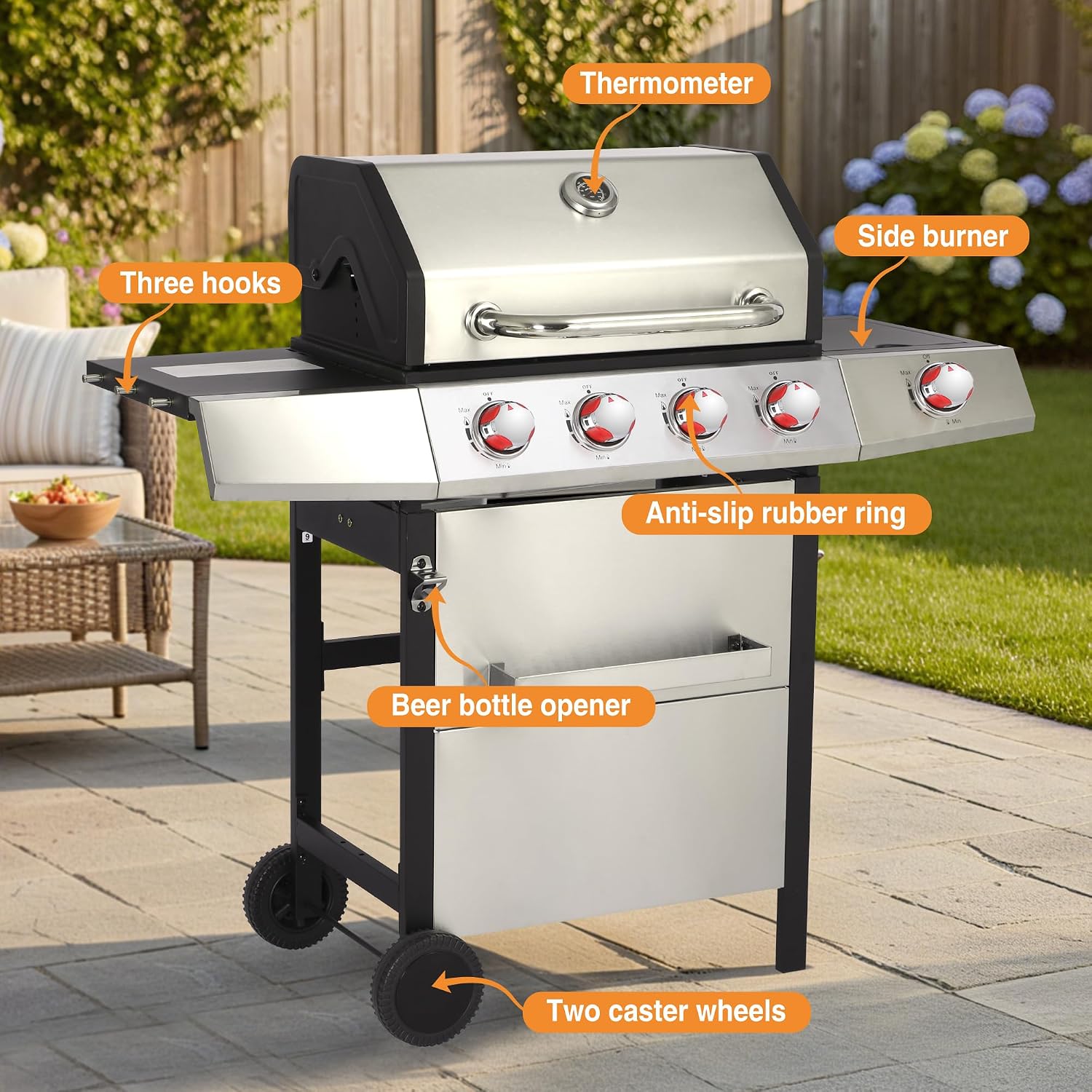 Dual Fuel 4-Burner Propane Gas Grill with Side Burner & Charcoal Trays | Outdoor BBQ & Griddle Combo with Cast Iron Grates, Stainless Steel Flat Top 448 sq. in. for Backyard Patio Camping