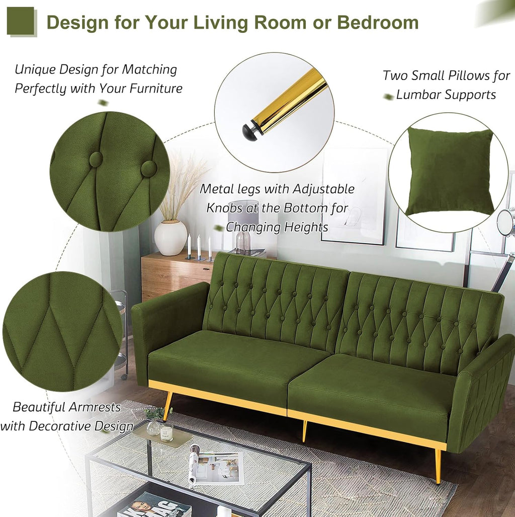 70' Velvet Futon Sofa Bed w/Adjustable Armrests & 2 Pillows, Convertible Futon Couch w/Adjustable Backrests, Modern Sleeper Bed for Living Room, Bedroom, Olive Green