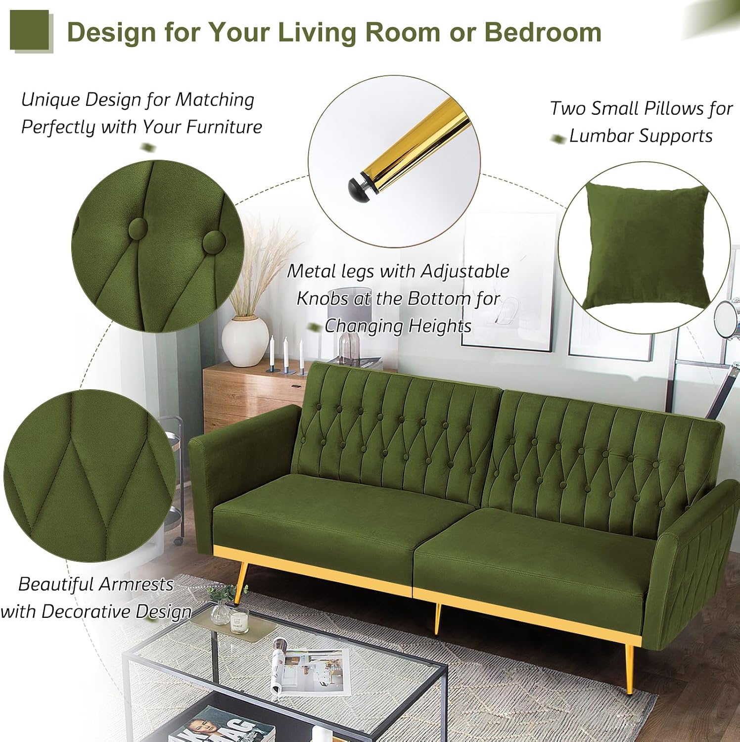 70' Velvet Futon Sofa Bed w/Adjustable Armrests & 2 Pillows, Convertible Futon Couch w/Adjustable Backrests, Modern Sleeper Bed for Living Room, Bedroom, Olive Green