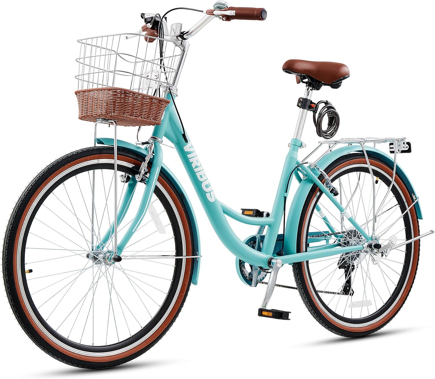VIRIBUS Womens Cruiser Bike, 7 Speed Beach Cruiser Bike for Women, 26 inch Women Bicycle with Rattan Basket, City Commuter Vintage Retro Step Through Bicycle for Female Ladies Seniors, 330 Lb.