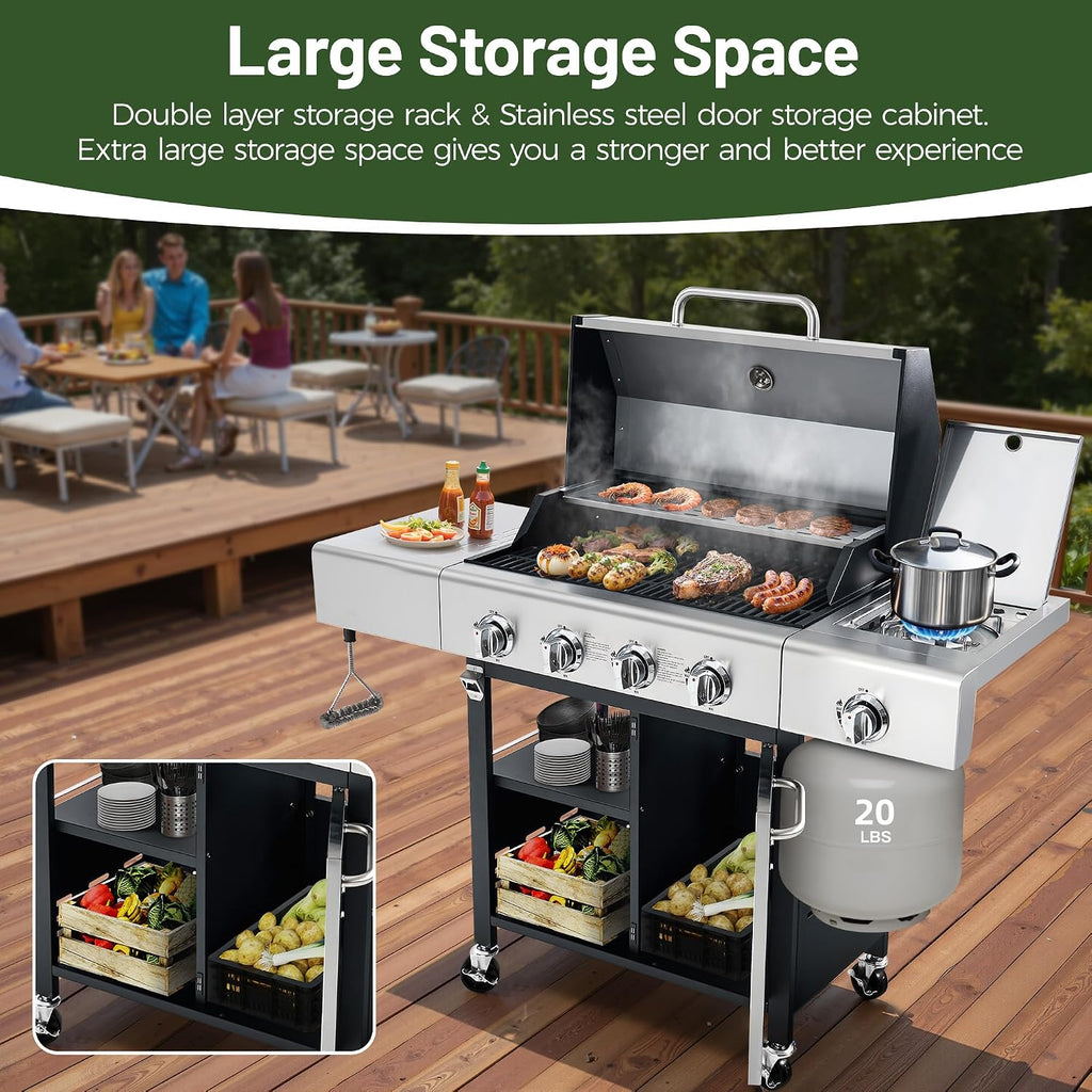 HUGROVE Propane Gas BBQ Grill with Side Burner & Wheels, 50,000 BTU Output Stainless Steel Barbecue Grill for Backyard & Outdoor Cooking Easy to Assemble (Silver)