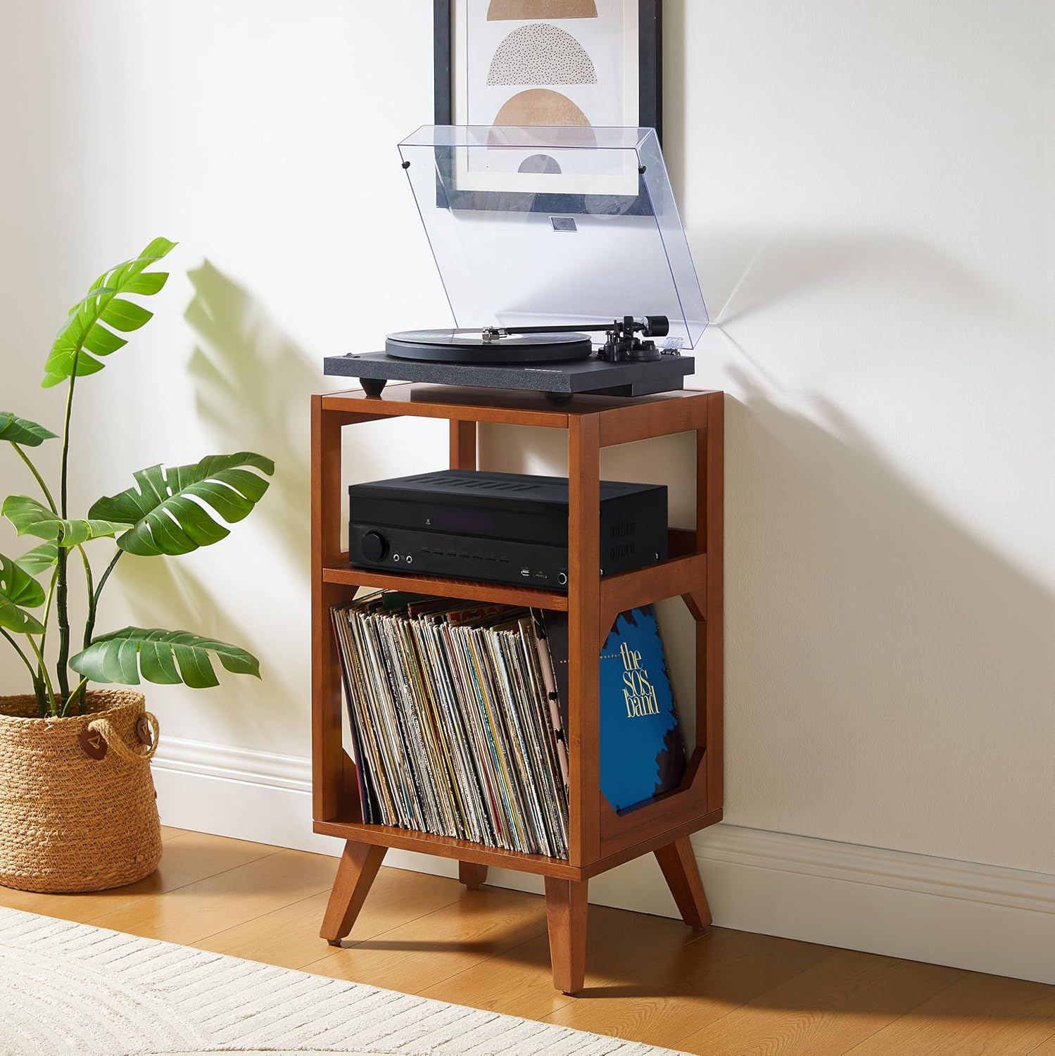 Crosley Furniture Asheville Mid-Century Modern Media Console Record Player Stand, Storage for Vinyl Records, Walnut