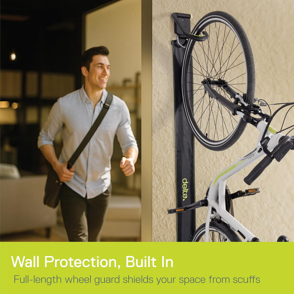 Delta Wall Ride Bike Rack Wall Mount with Tire Wall Guard (4-Pack) Cycle – Vertical Bike Mount Holds Up to 100 lbs – Fully Adjustable Vertical Hook Design Provides Easy Bicycle Storage