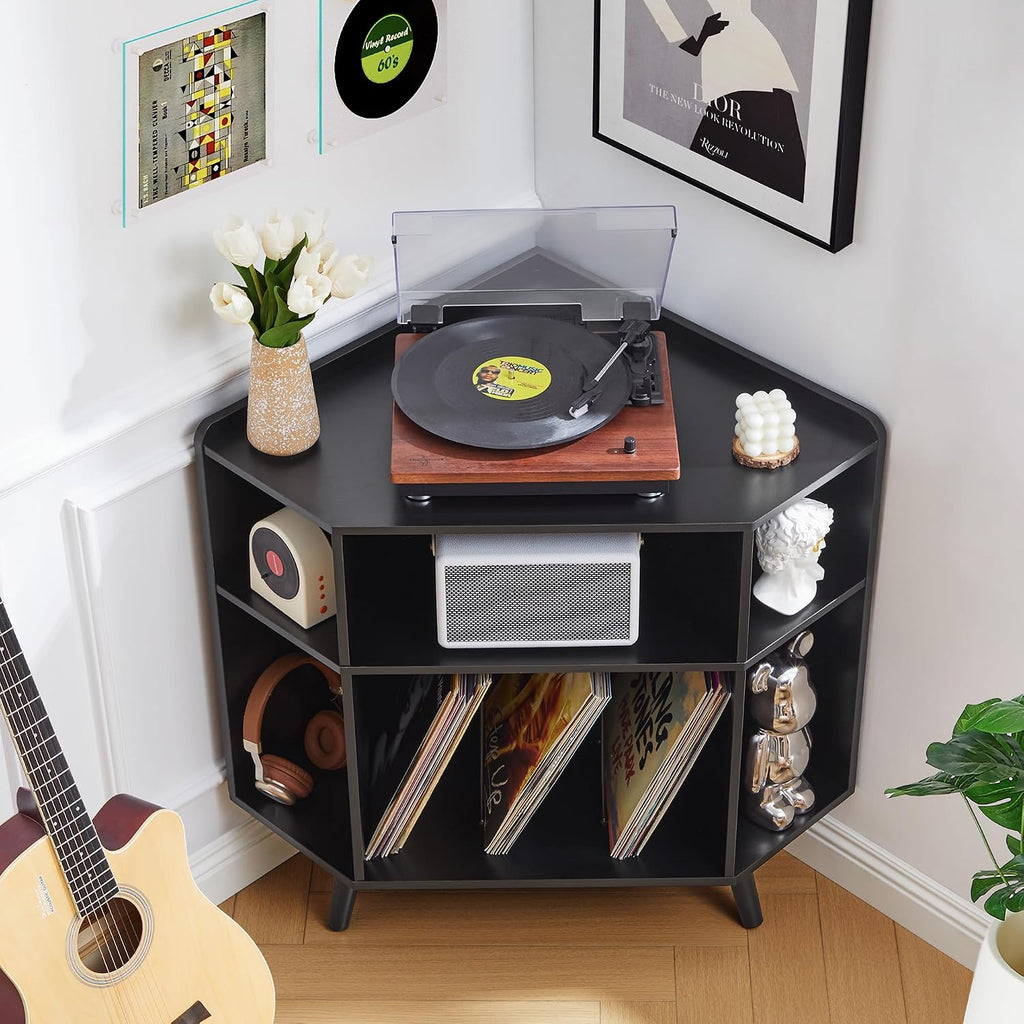 Corner Record Player Stand with Charging Station & USB Ports, 3 Tier Mid Century Modern Vinyl Record Storage Cabinet, Wood Turntable Stand for Music Room, Living Room, Small Space (Black)