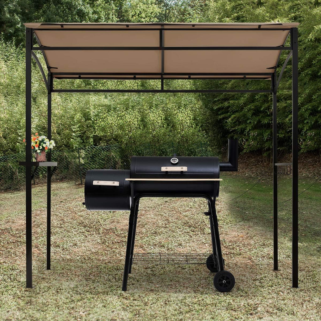 Giantex 7x4.4ft Grill Gazebo, Patio Outdoor Backyard BBQ Canopy Shelter, Soft Top, Heavy-Duty Steel Construction, Storage Shelf, Hanging Hooks, Bear Opening Setting, Anchor Kit (Brown)